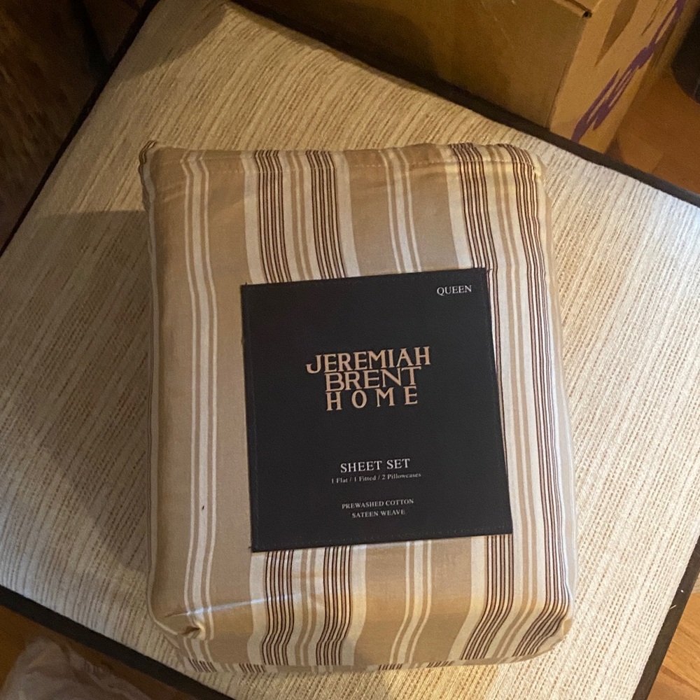 NWT Jeremiah Brent Home Queen Sheet Set - Beige Striped